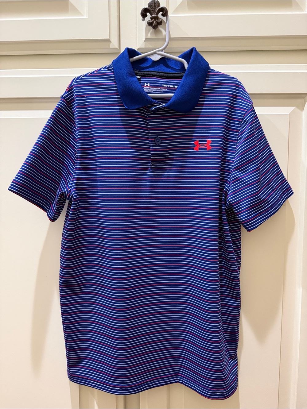 Like New Under Armour Boys Youth Red White Blue Stripe Polo 4th of July Medium